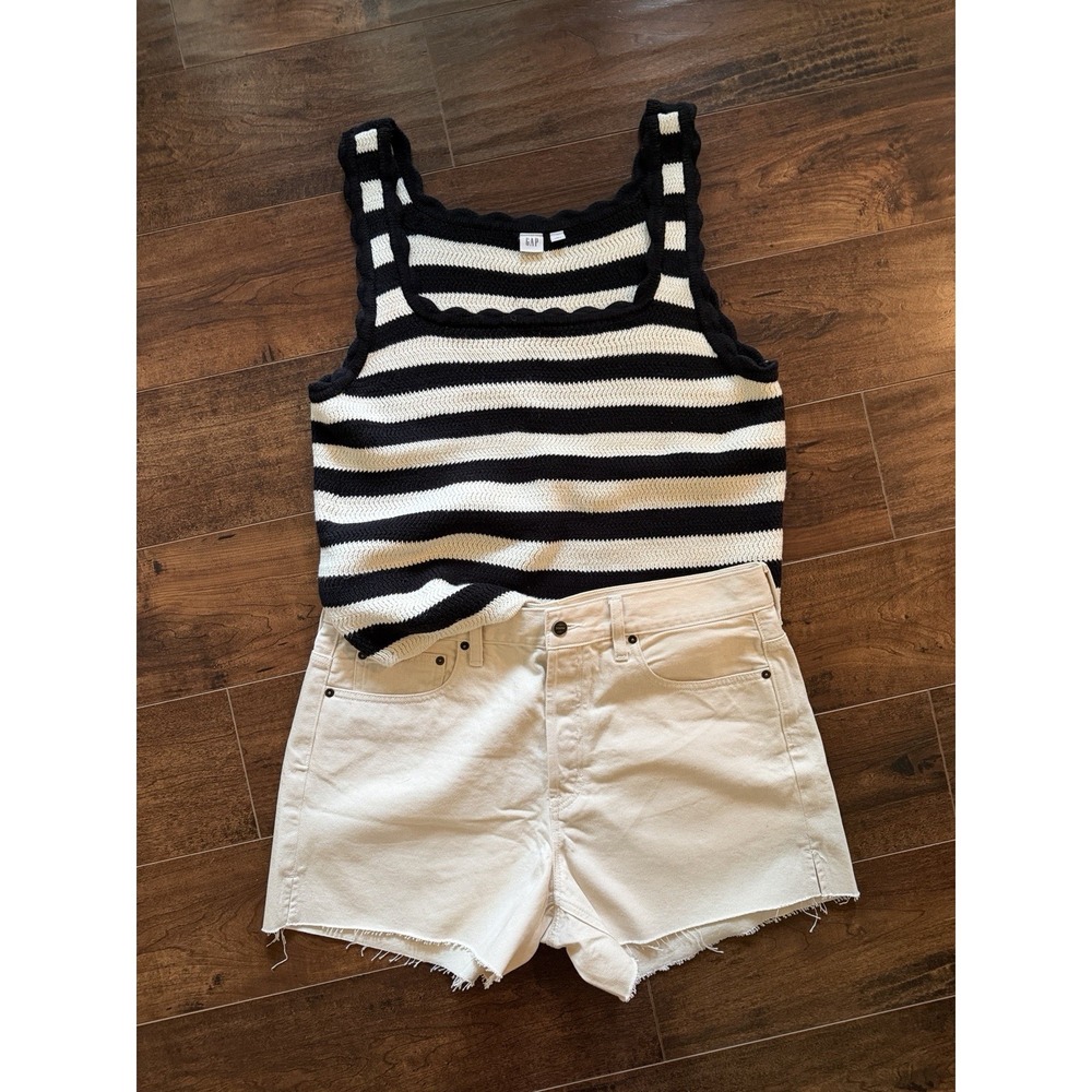 Gap Sweater Tank Women's XL Black Ivory Stripe 100% Cotton Crochet Knit Top